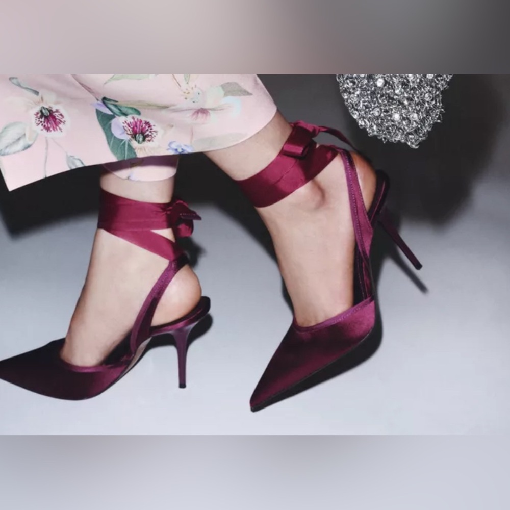 ZARA Women's Magenta Pointed Toe Ankle Tie Pumps - Picture 8 of 8